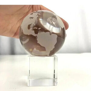 VTG Crystal Tabletop Etched Earth Globe W/Base Stand Blue Velvet Box